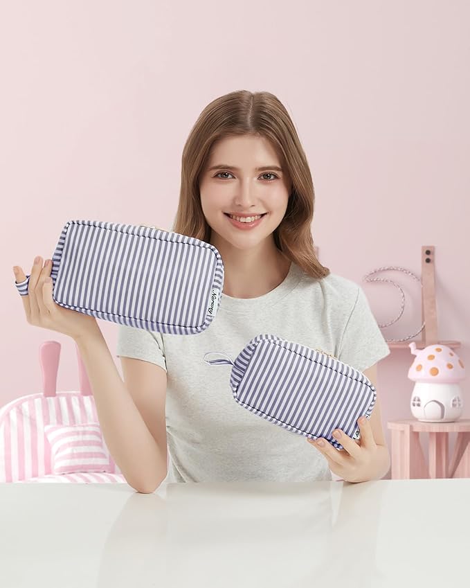Narwey Small Makeup Bag for Purse Travel Makeup Pouch Mini Cosmetic Bag Zipper Pouch for Women (Greyish Blue Stripe, Small)