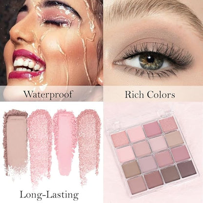 16Color Matte Shimmer Eyeshadow Palette,Natural Nude Brown RoseGold Coffee Pink DarkRed Sparkly Eye Shadow Makeup,Warm Pastel Eyeshadows Long Lasting Waterproof Naturing-Looking Women Girls Eye Shadow