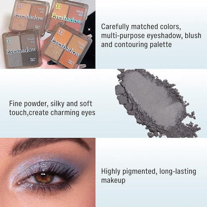 Eyeshadow Quads Smoked Blendable Glitter Matte Eyeshadow Palette,Light Grey Silver Black Sparkly Four Eyeshadow Palette Makeup,Everyday Nature Long-Lasting Waterproof Smokeds Women Girls Eyeshadow 4#