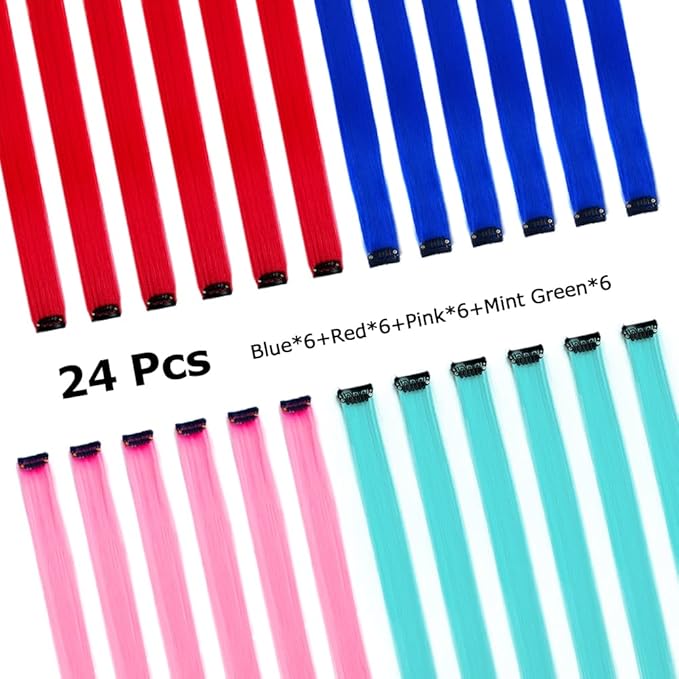 22” Colored Clip in Hair Extensions Blue Straight Hair Extensions Clip in for Kids Multi-Colors Party Highlights Hairpieces(Blue,Pink)