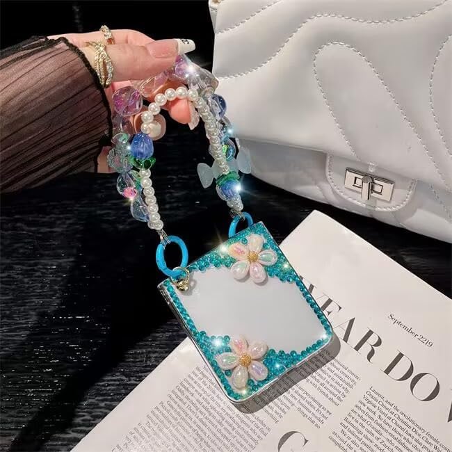 Sparkle Case for Samsung Galaxy Z Flip 5 5G with Chain,Women Girls Cute Bling Glitter Case Flower Pearl Diamond Crystal Rhinestone 3D Handmade with Bracelet Wristband Strap Keychain(Pink)