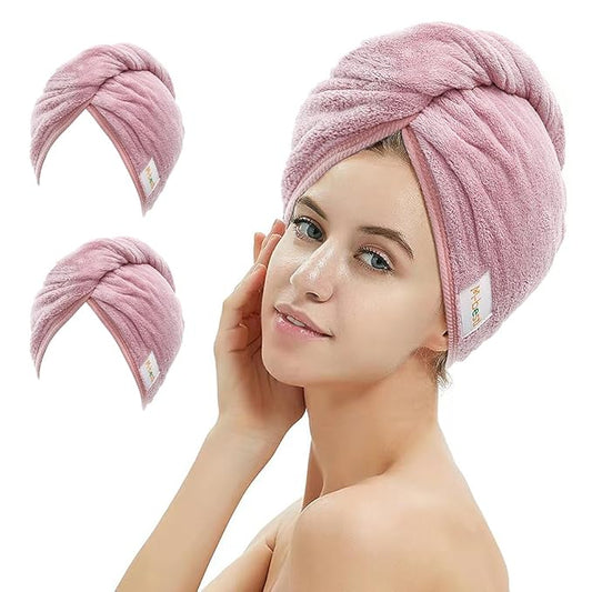2 Pack Microfiber Hair Towel Wrap,Hair Drying Towel with Button Design,Head Towel to Dry Curly Hair Quickly (Bean Pink)