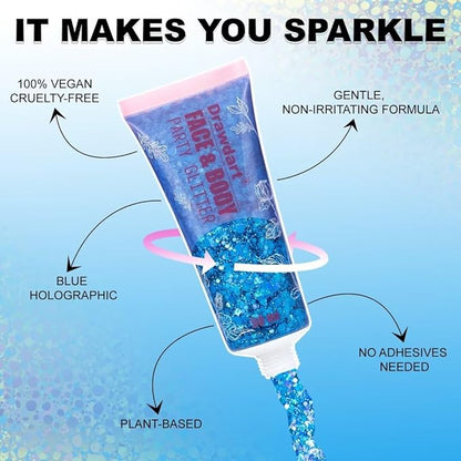 Body Glitter Gel,Blue Holographic Chunky Glitter for Face Hair Nails,Long Lasting Face Paint Glitter Music Festival Rave Accessories Makeup for Women Kids,50ml