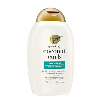 OGX Quenching + Coconut, Curl-Defining Shampoo, Hydrating & Nourishing Curly Hair Shampoo with Coconut Oil, Citrus Oil & Honey, Paraben, Sulfate-Free Surfactants, 13 floz