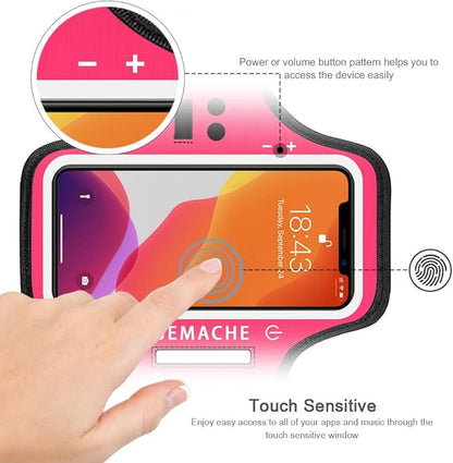 iPhone 16e 16 15 14 Armband, JEMACHE Water Resistant Gym Running Workouts Arm Band for iPhone 16 15 14 13 12 11 Pro (Rosy)