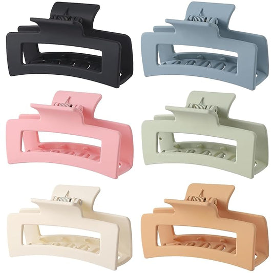 3.5 Inch Medium Banana Jaw Hair Clips - 6 Pack Square and Rectangle Clips for Women's Hair - Basic Accessories