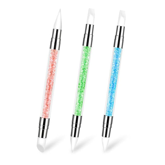 3 Pcs Nail Art Sculpture Pen, Dual Tipped Silicone Nail Tools, Silicone Head Acrylic Handle Nail Art Brushes for Design Nail Foil Carving Drawing Effect Shaping Drawing (Blue, Green, Orange)