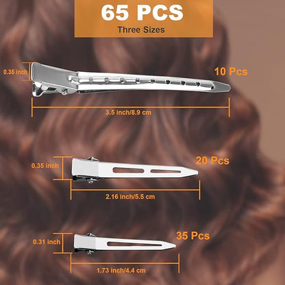 65Pcs Duck Billed Hair Clips for Styling Sectioning, Metal Silver Alligator Hair Clips for Women, 3 Sizes Long Hair Clip for Roller, Pin Curl Loc Clips for Retwist, Salon, Barber, Bows DIY