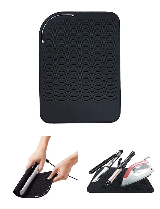 Heat Resistant Silicone Glove and Mat Set for Curling Iron, Hair Straightener, Flat Irons - 9" x 6.5" Food Grade Silicone Mat, Black