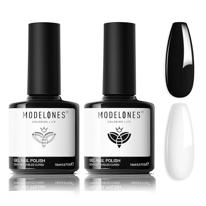 modelones Gel Nail Polish Set, 2 Pcs 15 ML Black and White Gel Polish White Black Nail Polish Soak Off LED Pastel Summer Polish Nails Art Manicure Home DIY Gift For Women Girl