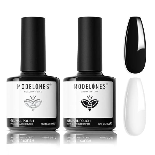 modelones Gel Nail Polish Set, 2 Pcs 15 ML Black and White Gel Polish White Black Nail Polish Soak Off LED Pastel Summer Polish Nails Art Manicure Home DIY Gift For Women Girl