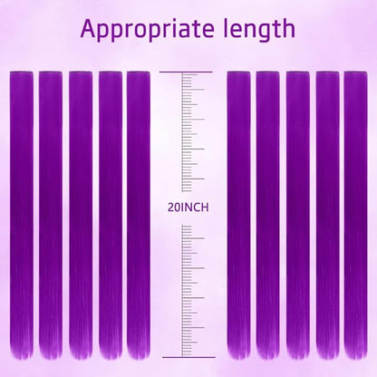 20 Inch Colored Hair Extensions Party Highlights Straight Colorful Clip In Hair Extensions Synthetic Rainbow Hairpieces for Girls Kids Gift(10Pcs Purple)
