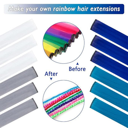 24 Pcs Colored Clip in Hair Extensions 20 Inch Long Straight Party Highlights Synthetic Hairpieces for Women Kids Girls(White, Gray, Blue, Navy blue)