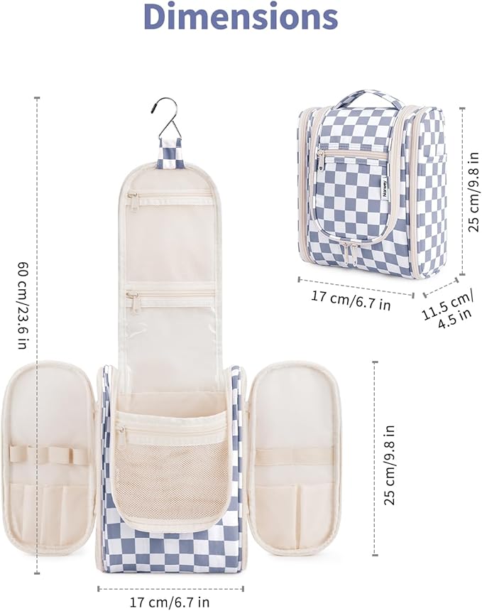 Narwey Small Checked Hanging Travel Toiletry Bag for Women, Travel Bag for Toiletries, Makeup Bag Organizer Cosmetic Bags Make Up Bags for Women (Grayish Blue Checkerboard)