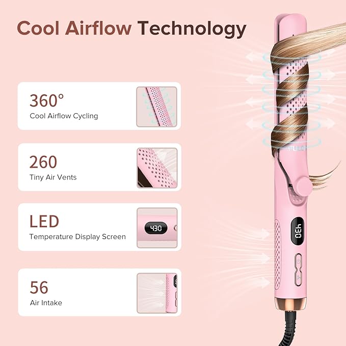360° Airflow Styler Curling Iron, 1.25 Inch Hair Straightener and Curler 2 in 1, LED Display Curling Flat Iron with Cooling Air Vents to Lock in Style, Adjustable Temp Curling Wand (Pink)