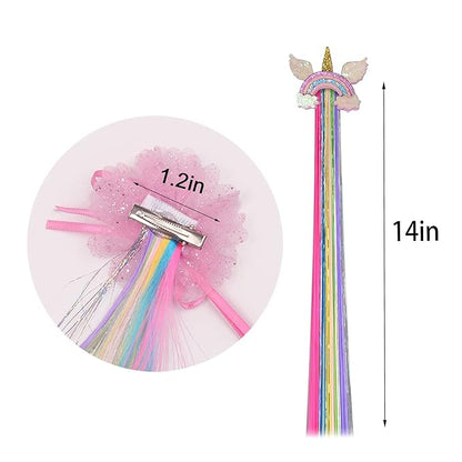 6 Set Rainbow Colored Straight Hair Clips with Unicorn Accessories - Thick Wig Bangs and Ponytail Extensions for Girls