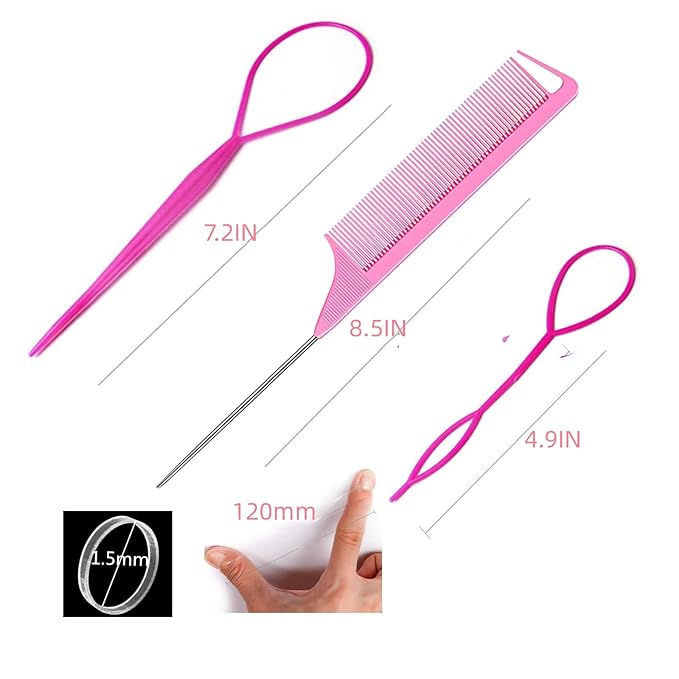 1000Pcs Hair Rubber Bands, Soft Small Hair Elastics for Girls and Women, 2pcs Topsy Tail Tools, 1 Rat Tail Comb, Pink Schembo