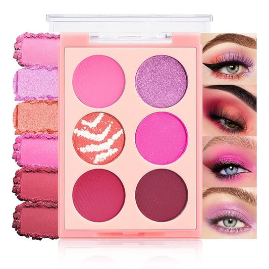Six Colors Glitter Matte Eyeshadow Palette,Pink Purple Orange RosePink Dark Red Shimmer Sparkly Eyeshadow Palette Makeup,Prom Eyeshadows Long-Lasting Waterproof Red Pink Women Girls Eye Shadow 01
