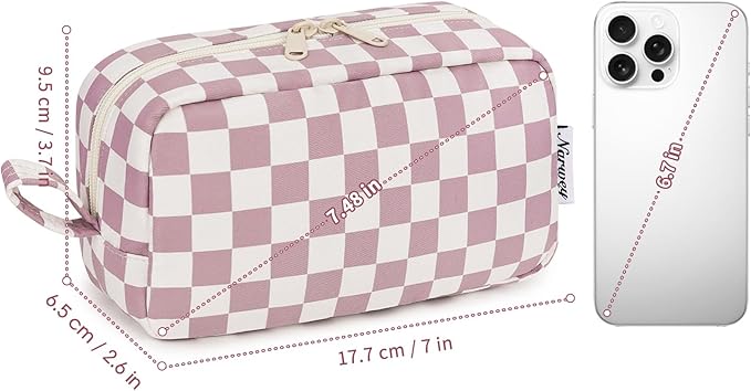 Narwey Small Cosmetic Bag, Small Makeup Bag for Purse, Travel Mini Makeup Pouch, Zipper Pouch, Cute Checkered Makeup Bag with Organized Pockets for Women (Dusty Rose Checkerboard, Small)