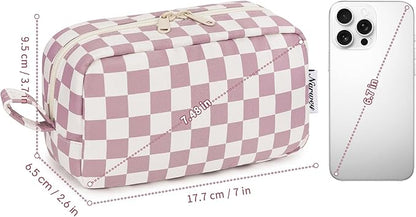 Narwey Small Cosmetic Bag, Small Makeup Bag for Purse, Travel Mini Makeup Pouch, Zipper Pouch, Cute Checkered Makeup Bag with Organized Pockets for Women (Dusty Rose Checkerboard, Small)