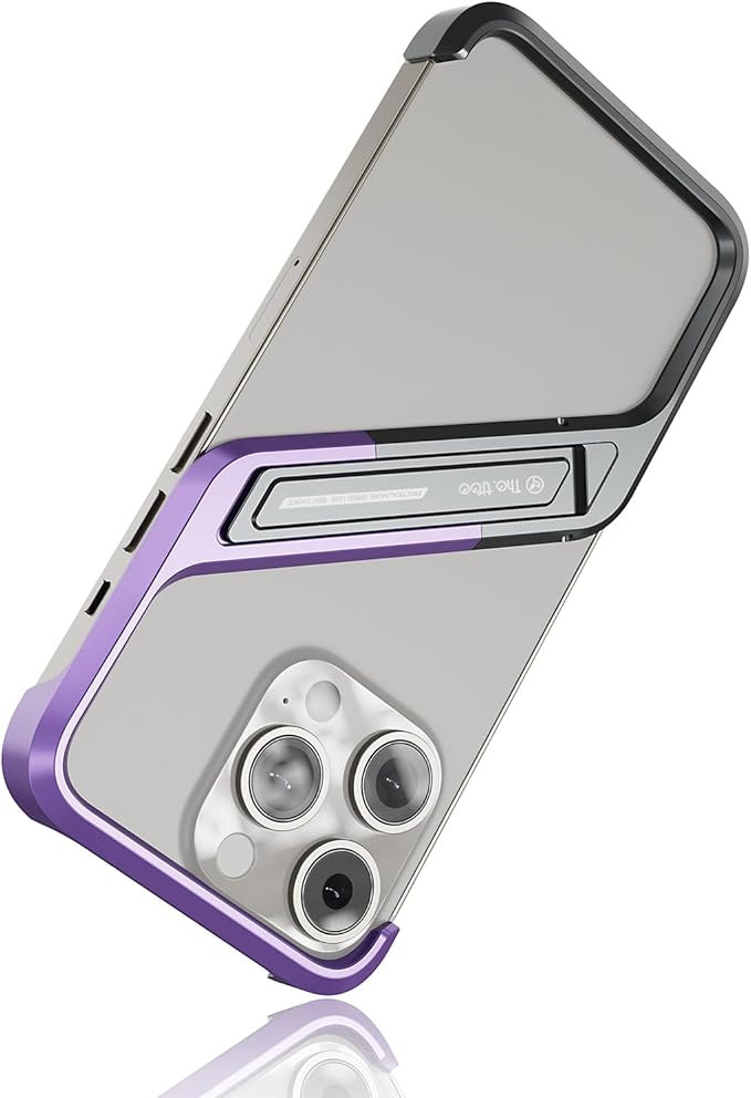 Lightweight Aluminum Alloy Shockproof Frame Case for iPhone 15 Pro Max Metal Bumper Cover with Hidden Stand (Purple)