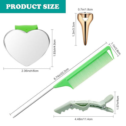 17 Pieces Hair Parting Tools Set Heart, Included 8P Hair Parting Ring 2P Metal Rat Tail Comb 6P Hair Sectioning Clip with 1P Magnetic Wrist Sewing Pin Holder for Braiding (Green)