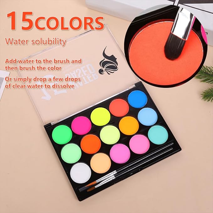15 Color UV Blacklight Face Paint,Glow in The Dark Body Paint,Water Based Neon Fluorescent Face Painting Kit Palette,Water Activated Eyeliner Makeup,Washable for Kids Adult Halloween Masquerades Club