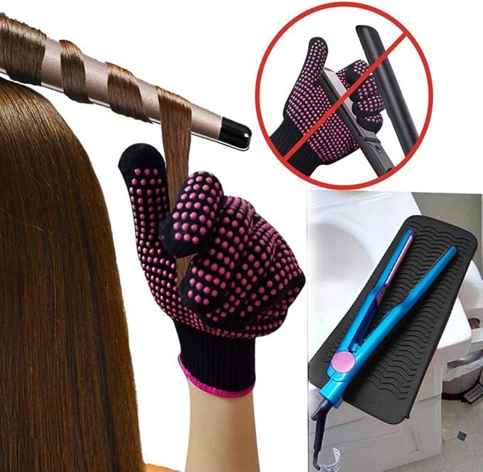 Heat Resistant Silicone Mat and Glove Set for Hair Straighteners and Flat Irons - 11" x 6" Mat, 8.7" x 5.2" Bump Glove, Black