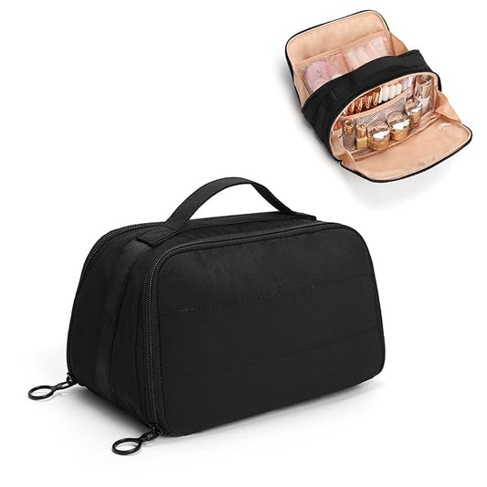OCHEAL Travel Makeup Bag - Wide Open Cosmetic Bag for Women Make up with Two Compartments, Portable Lightweight Roomy Organizer Toiletry Bag for Girls Skincare tools Accessories-Black