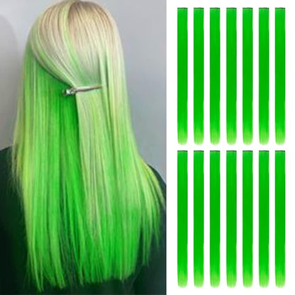 14 PCS Colored Clip In Hair Extensions 20 Inch Colorful Party Highlights Clip In Straight Rainbow Hairpieces, Halloween Cosplay Christmas New Year Gift For Women Kids Girls, Light Green