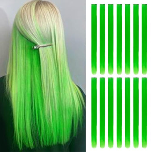 14 PCS Colored Clip In Hair Extensions 20 Inch Colorful Party Highlights Clip In Straight Rainbow Hairpieces, Halloween Cosplay Christmas New Year Gift For Women Kids Girls, Light Green