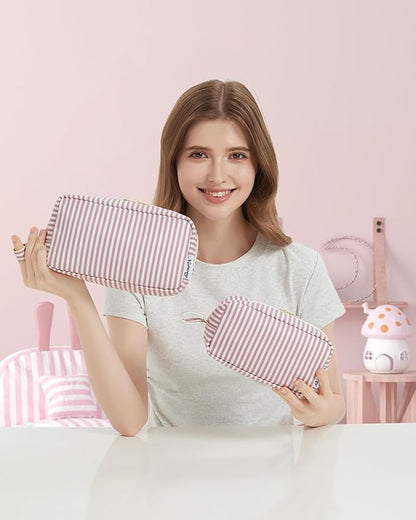 Narwey Small Makeup Bag for Purse Travel Makeup Pouch Mini Cosmetic Bag Zipper Pouch for Women (Dusty Rose Stripe, Small)