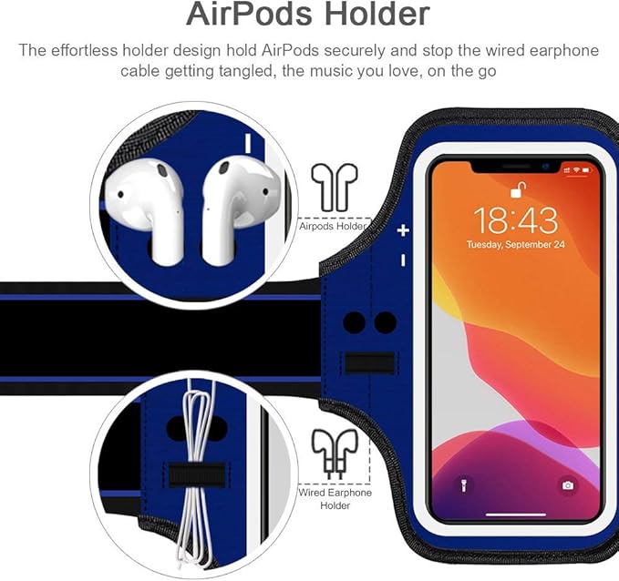 iPhone 16e 16 15 14 Armband with Earphone Holder, JEMACHE Water Resistant Gym Running Workouts Arm Band for iPhone 16e 16 15 14 13 12 11 Pro (Navy Blue)