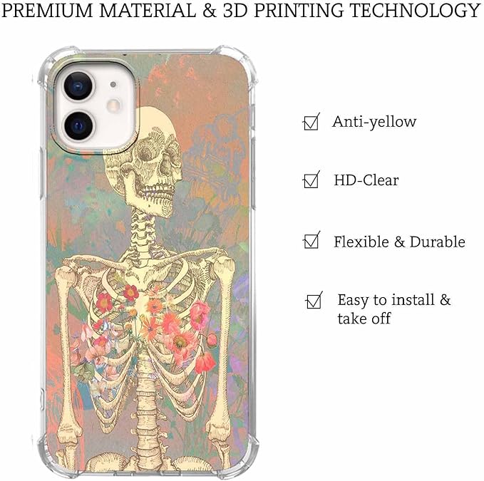 Case for iPhone 12/12 Pro with Skull Art Design,Aesthetic Flower Skeleton Bone Pattern,Soft TPU Bumper Phone Cover(12,Skull)