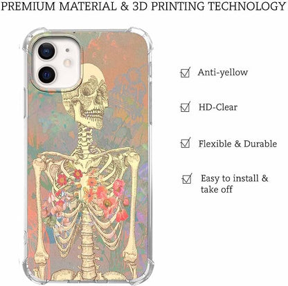 Case for iPhone 12/12 Pro with Skull Art Design,Aesthetic Flower Skeleton Bone Pattern,Soft TPU Bumper Phone Cover(12,Skull)