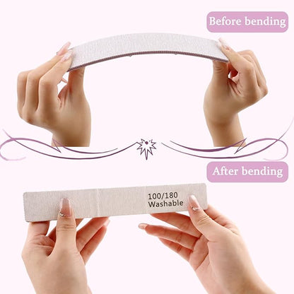 Nail File 12 PCS Professional Reusable 100/180 Grit Double Sides Washable Nail File Manicure Tools for Poly Nail Extension Gel and Acrylic Nails Tools Suit for Home Salon