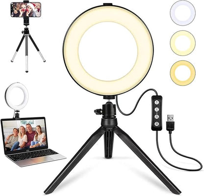 MACTREM 2 in 1 LED 6"" Ring Light with Tripod Stand & Clamp for YouTube Video and Makeup, Mini LED Camera Light with Cell Phone Holder Desktop LED Lamp with 3 Light Modes & 11 Brightness Level, Black