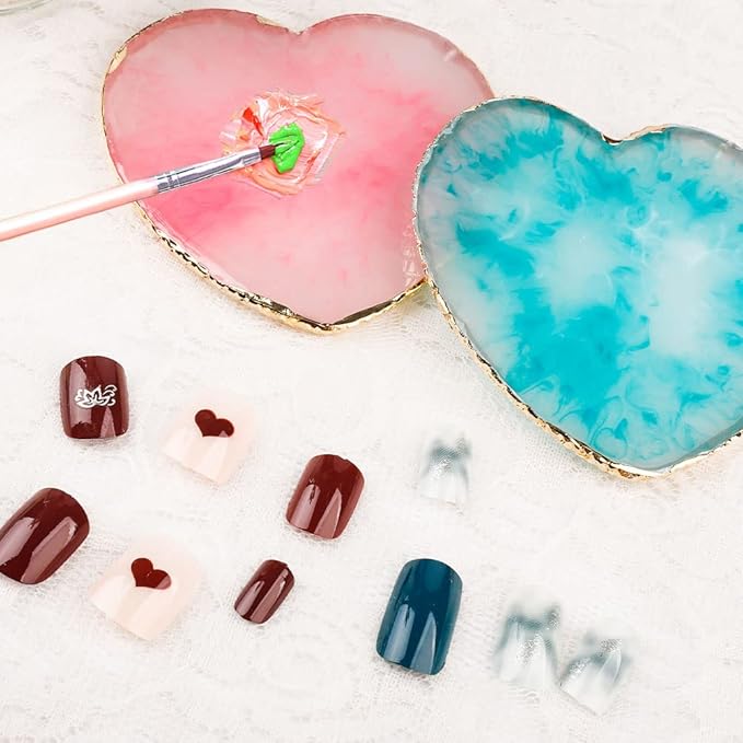 2 Pcs Resin Nail Art Palette, Nail Art Painting Mixed Color Palettes Gold Edge Nail Holder Nail Art Display Board (Pink, Blue)