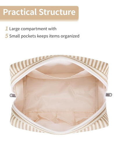 Narwey Striped Makeup Bag Travel Cosmetic Bag Organizer Toiletry Bag Make Up Bags with Compartments for Women Girls (Large,Brown Stripe)