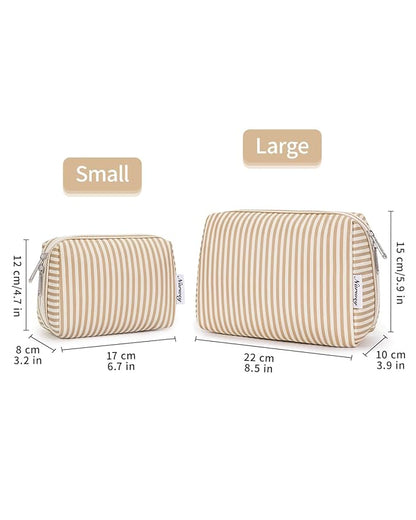 Narwey Striped Makeup Bag Travel Cosmetic Bag Organizer Toiletry Bag Make Up Bags with Compartments for Women Girls (Large,Brown Stripe)