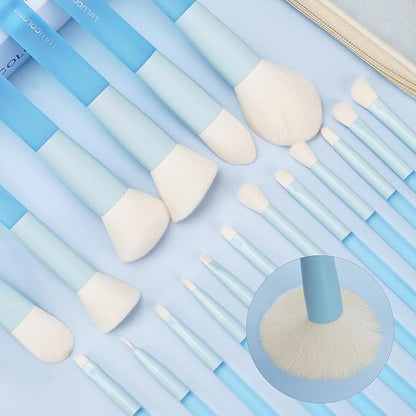 18-Piece Light Blue Professional Makeup Brush Set – Translucent Rubberized Handles, Soft Synthetic Bristles for Face & Eye Makeup – Includes Travel Bag & Sponges,Complete Brush Collection