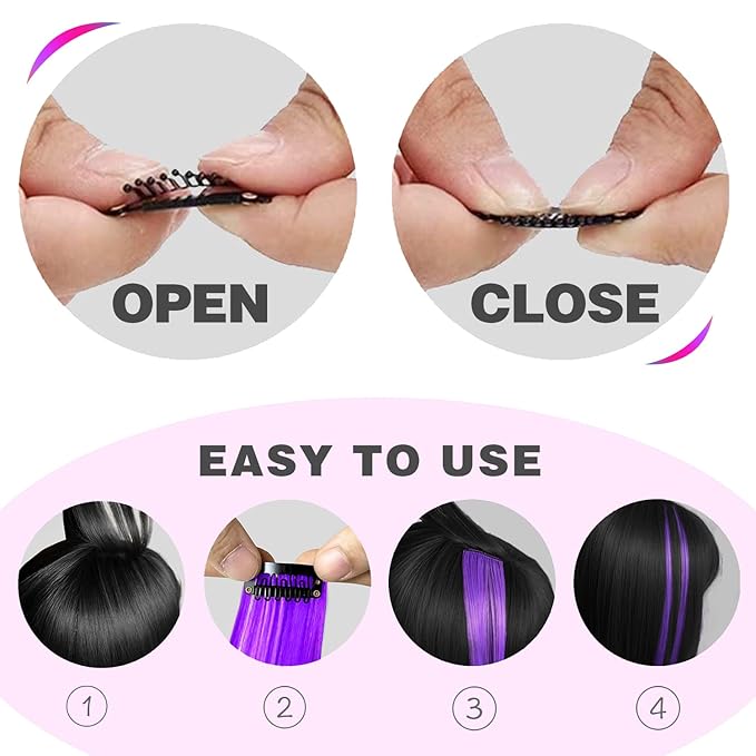 12 PCS Purple Hair Extensions Clip in, Colored Party Highlights Extension for Kids Girls Synthetic Hairpiece Straight 22 inch