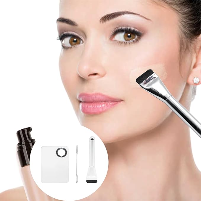 Makeup Accessories Set, Makeup Mixing Palette, Foundation Brush, Spatula Tool (Silver)