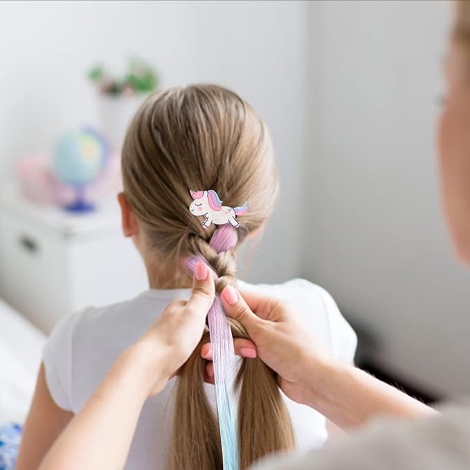 6 PCS Hair Extensions Clip - Carton Straight Curly Hairpieces Clips, Cute Unicorn Accessories Hair Extensions for Kids Ponytails Girls, Rainbow Thick Wig Clip in Fake Bangs (Curly Hair 02)