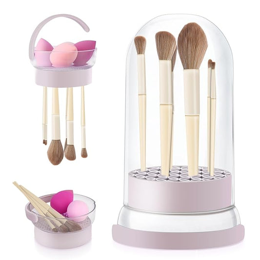 KAYUSO 3 in 1 Makeup Brush Cleaner Bowl and Dryer, Silicone Simply Makeup Brush Cleaner Mat, Waterproof Makeup Brush Holder with Lid, Cosmetic Tools Organizer (Purple)