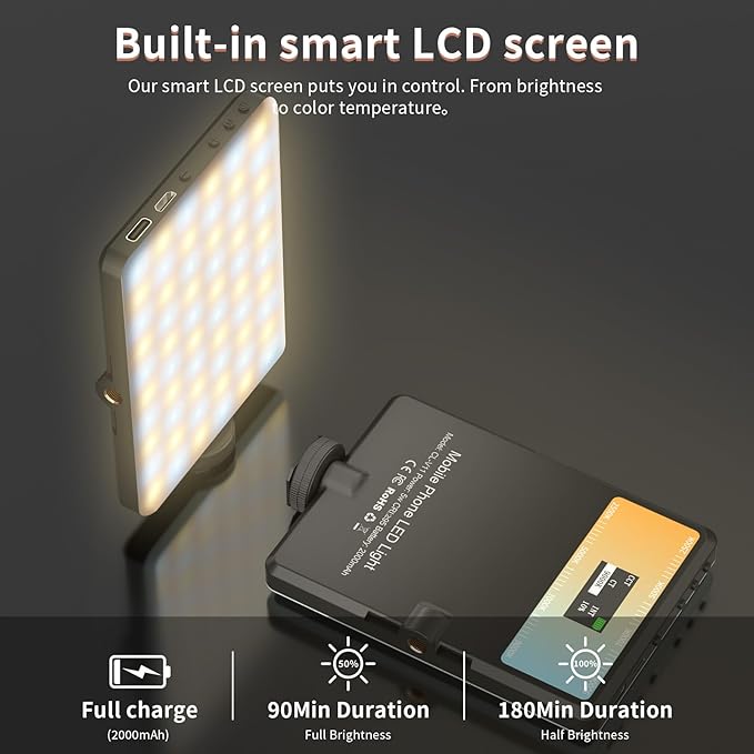 Selfie Light with LCD Display for Phone, 60 LED Phone Light with Rechargeable Clip and Adjusted 3 Light Modes, 2000mAh Video Light for Phone iPad, Laptop, Makeup, TikTok, Selfie, Vlog, Black