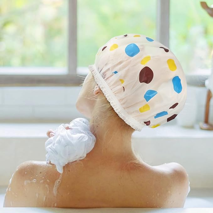 6 Pcs Shower Caps, Waterproof Bath Caps Plastic Reusable Shower Caps Elastic Band Bath Hair Caps for Women Kids