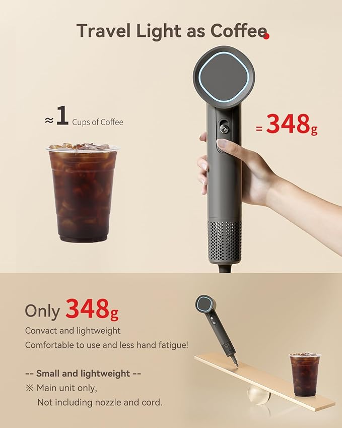 Hair Dryer, 160000 RPM High-Speed Brushless Motor with 500 Million Negative Ions, Professional Ionic Blow Dryer with Magnetic Diffuser & Nozzle,Lightweight for Home Travel Salon(Gray)