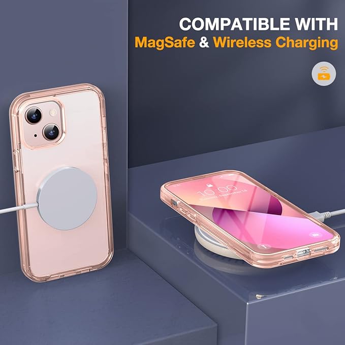 Miracase Glass iPhone 13 Case 6.1 inch, 2023 Upgrade Full-Body Clear Bumper Case with Built-in 9H Tempered Glass Screen Protector for iPhone 13,Clear Pink