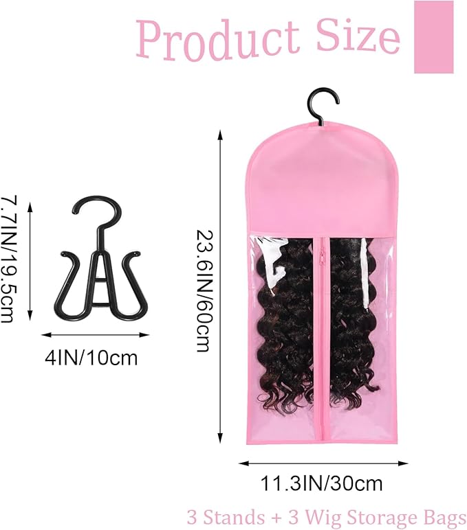 3PCS wig Hanger Hair Extension Holder Wig Storage for Multiple Wigs Bags Storage with Hanger Wig Holder Dust-proof Hair Extension Storage with Hook hair extensions, wigs & accessories (Pink)